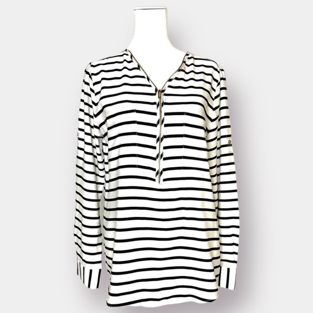 Calvin Klein Striped Blouse Long Sleeve Zipper Closure Size L